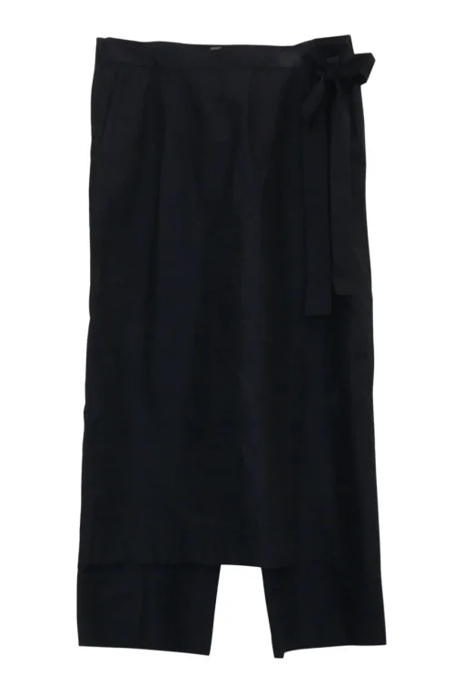 Black cotton-silk blend high-rise apron trousers with ribbon tie at waist with slanted hip pockets