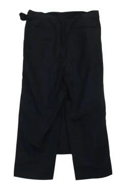 Black cotton-silk blend high-rise apron trousers with ribbon tie at waist with slanted hip pockets