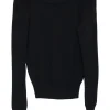 Black cotton-wool blend fully-fashioned pullover crewneck sweater with ribbed shoulder panels