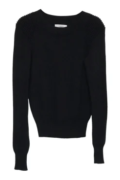 Black cotton-wool blend fully-fashioned pullover crewneck sweater with ribbed shoulder panels