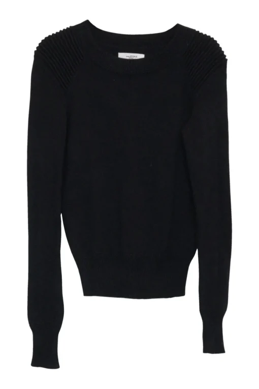 Black cotton-wool blend fully-fashioned pullover crewneck sweater with ribbed shoulder panels