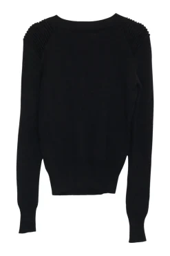 Black cotton-wool blend fully-fashioned pullover crewneck sweater with ribbed shoulder panels
