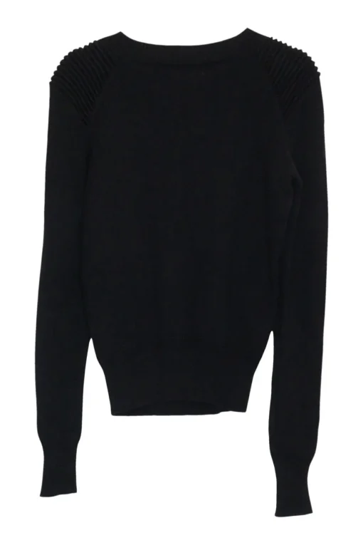 Black cotton-wool blend fully-fashioned pullover crewneck sweater with ribbed shoulder panels