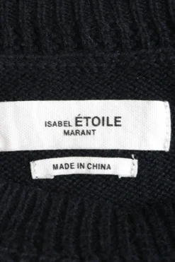 Black cotton-wool blend fully-fashioned pullover crewneck sweater with ribbed shoulder panels