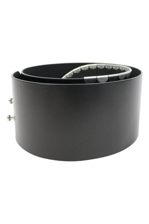 Black cow leather belt with metal scallop edge