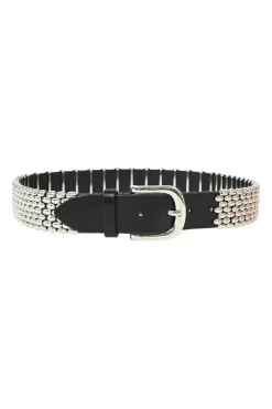 Black cowhide leather and silver-tone metal studded belt