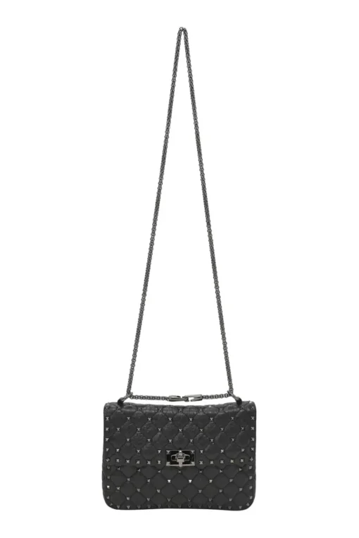 Black crinkle leather Rockstud spike crossbody flap bag with gunmetal hardware