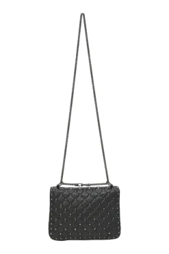Black crinkle leather Rockstud spike crossbody flap bag with gunmetal hardware