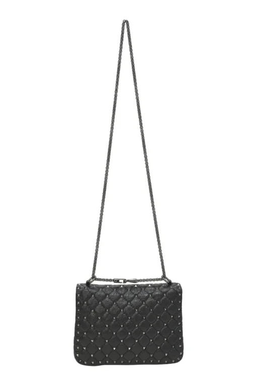 Black crinkle leather Rockstud spike crossbody flap bag with gunmetal hardware