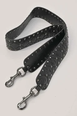 Black crinkle leather Rockstud spike crossbody flap bag with gunmetal hardware