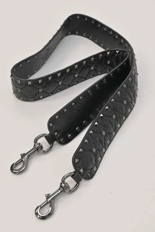 Black crinkle leather Rockstud spike crossbody flap bag with gunmetal hardware