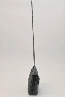 Black crinkle leather Rockstud spike crossbody flap bag with gunmetal hardware