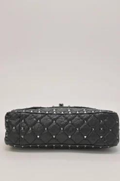Black crinkle leather Rockstud spike crossbody flap bag with gunmetal hardware