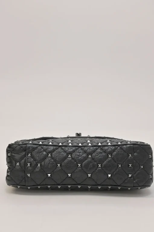 Black crinkle leather Rockstud spike crossbody flap bag with gunmetal hardware