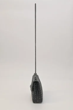 Black crinkle leather Rockstud spike crossbody flap bag with gunmetal hardware