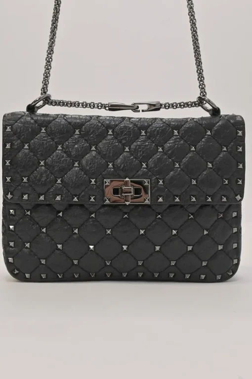 Black crinkle leather Rockstud spike crossbody flap bag with gunmetal hardware