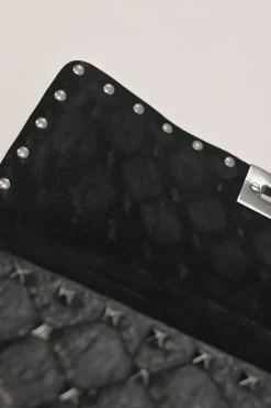 Black crinkle leather Rockstud spike crossbody flap bag with gunmetal hardware