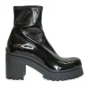 Black crinkled patent-finish fabric pull-on block heel track sole ankle boots