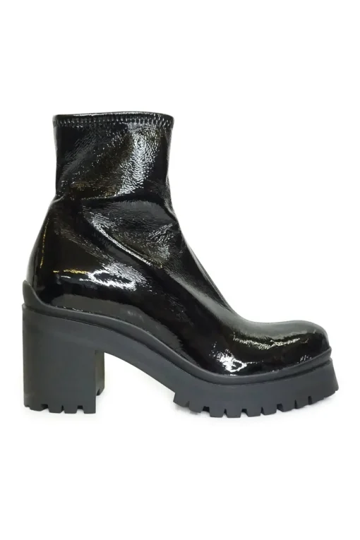 Black crinkled patent-finish fabric pull-on block heel track sole ankle boots