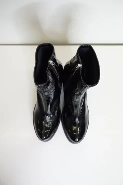 Black crinkled patent-finish fabric pull-on block heel track sole ankle boots
