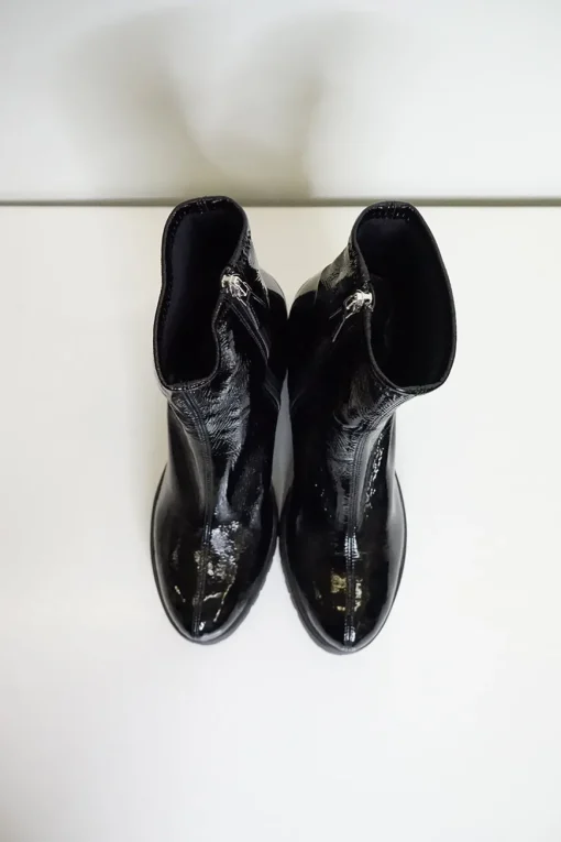 Black crinkled patent-finish fabric pull-on block heel track sole ankle boots