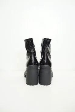 Black crinkled patent-finish fabric pull-on block heel track sole ankle boots