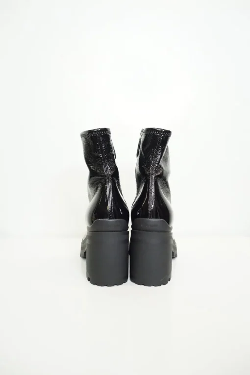 Black crinkled patent-finish fabric pull-on block heel track sole ankle boots