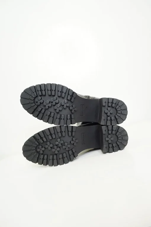 Black crinkled patent-finish fabric pull-on block heel track sole ankle boots