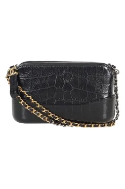 Black croc-embossed calfskin Gabrielle small hobo bag with logo on chain strap