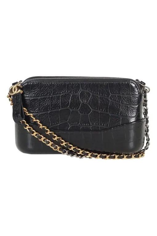 Black croc-embossed calfskin Gabrielle small hobo bag with logo on chain strap