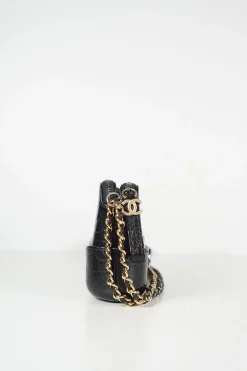 Black croc-embossed calfskin Gabrielle small hobo bag with logo on chain strap