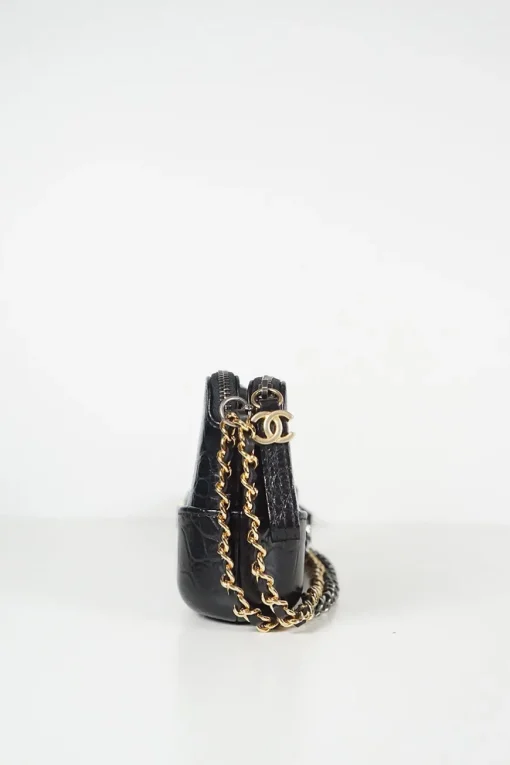 Black croc-embossed calfskin Gabrielle small hobo bag with logo on chain strap