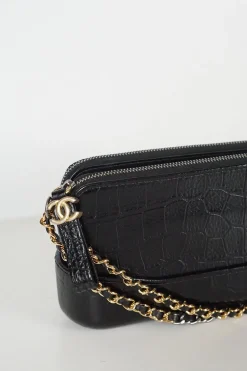 Black croc-embossed calfskin Gabrielle small hobo bag with logo on chain strap