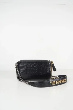 Black croc-embossed calfskin Gabrielle small hobo bag with logo on chain strap