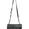 Black croc-embossed crinkle leather West Hollywood fold-over shoulder bag with adjustable shoulder strap