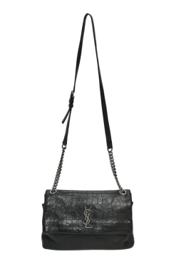 Black croc-embossed crinkle leather West Hollywood fold-over shoulder bag with adjustable shoulder strap