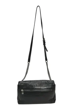 Black croc-embossed crinkle leather West Hollywood fold-over shoulder bag with adjustable shoulder strap