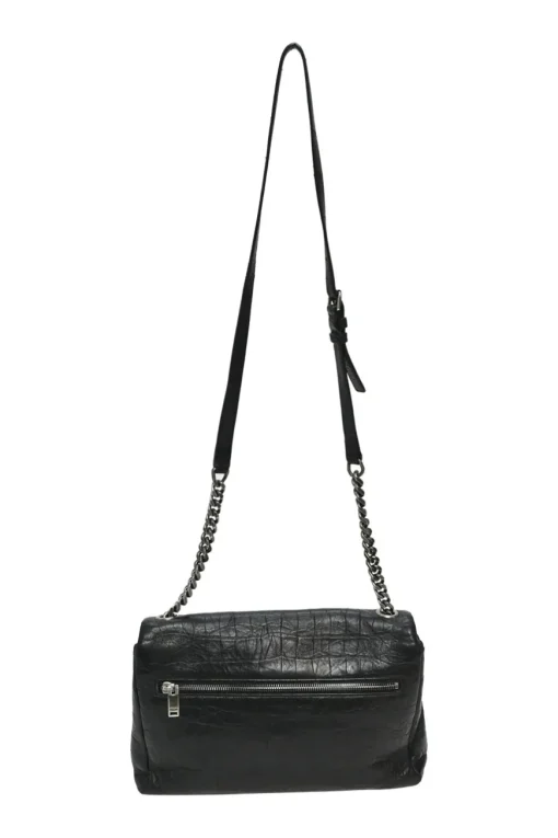 Black croc-embossed crinkle leather West Hollywood fold-over shoulder bag with adjustable shoulder strap