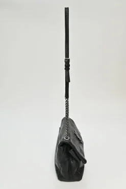 Black croc-embossed crinkle leather West Hollywood fold-over shoulder bag with adjustable shoulder strap