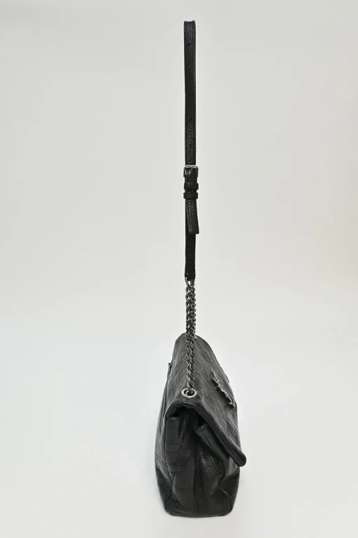 Black croc-embossed crinkle leather West Hollywood fold-over shoulder bag with adjustable shoulder strap