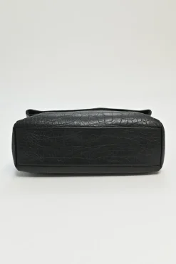 Black croc-embossed crinkle leather West Hollywood fold-over shoulder bag with adjustable shoulder strap