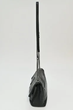 Black croc-embossed crinkle leather West Hollywood fold-over shoulder bag with adjustable shoulder strap