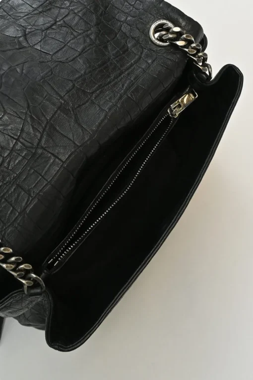 Black croc-embossed crinkle leather West Hollywood fold-over shoulder bag with adjustable shoulder strap