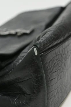 Black croc-embossed crinkle leather West Hollywood fold-over shoulder bag with adjustable shoulder strap