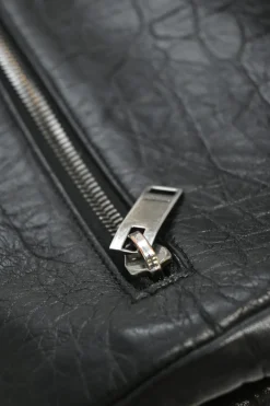 Black croc-embossed crinkle leather West Hollywood fold-over shoulder bag with adjustable shoulder strap