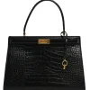 Black croc-embossed leather trapeze-shaped Lee Radziwill satchel with gold-tone metallic hardware