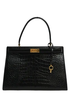 Black croc-embossed leather trapeze-shaped Lee Radziwill satchel with gold-tone metallic hardware