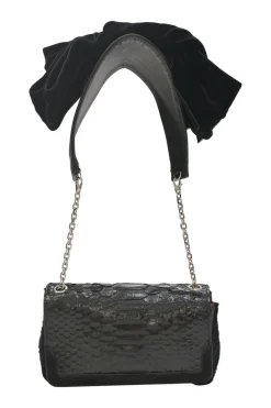 Black croc-embossed leather and calf hair Artemis velvet bow strap crossbody flap bag