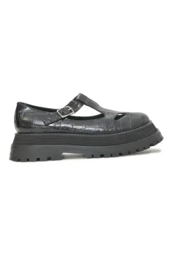 Black croc-embossed leather and rubber Aldwych T-Bar lug sole flatform Mary Jane pumps