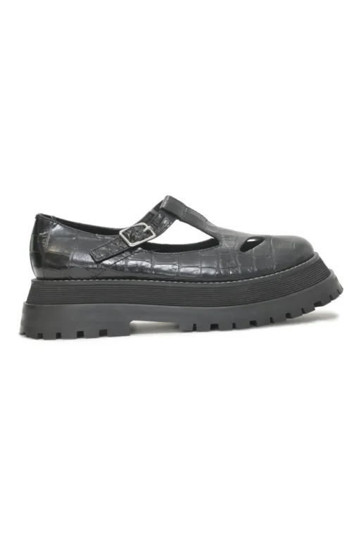 Black croc-embossed leather and rubber Aldwych T-Bar lug sole flatform Mary Jane pumps